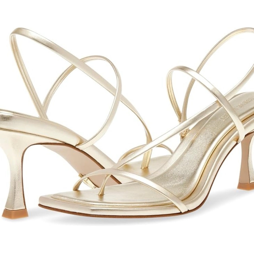 SM Locke Gold Leather Strappy Formal Prom Low Mid Heels Sandals Brand New in Box